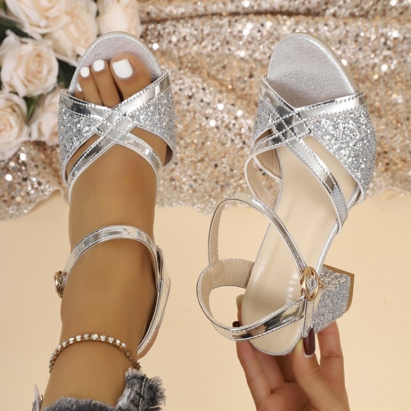 Metallic Heel Sandal - Sandales à talons carrés pour femmes,