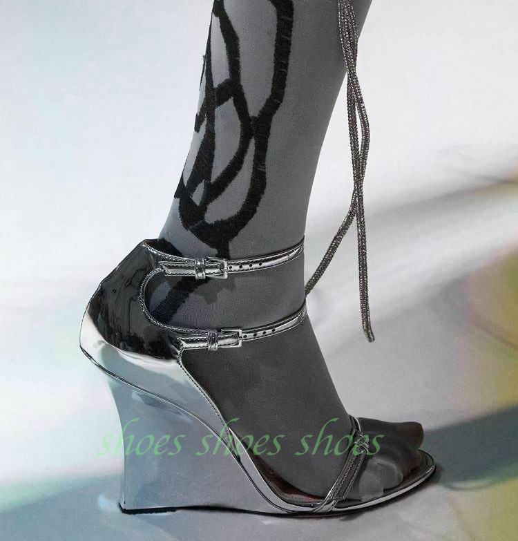 Metallic Heel Sandal - Sandales compensées à plateforme pour femme,